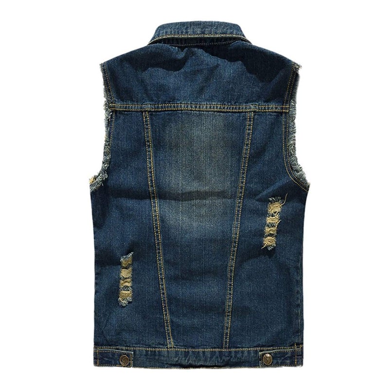 NASKY Men's Fit Retro Ripped Denim Vest Sleeveless Lapel Jean Vest Jacket Waistcoat Top(XX-Large,Dark blue) - Image 2